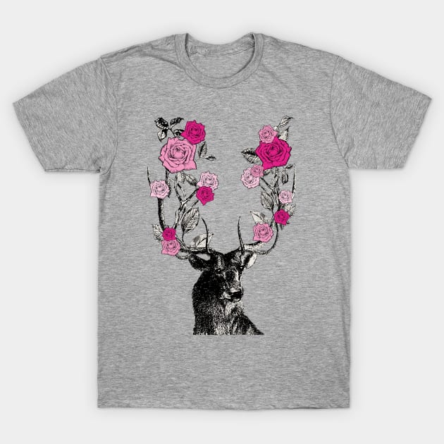 Stag and Roses | Stag and Flowers | Pink Roses | T-Shirt by Eclectic At Heart
